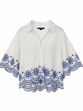 French Connection White Tunic with Blue Embroidered Hem
